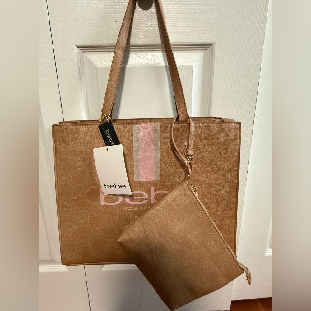 Bebe Tan and Pink Tote with wristlet pouch. NWT